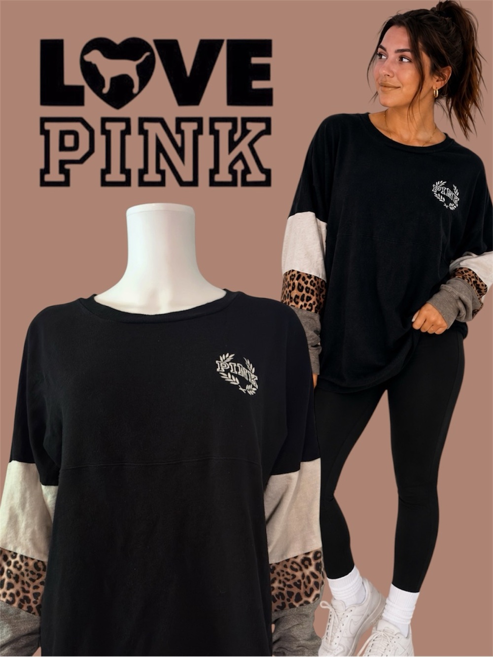 PINK Victoria's Secret Color Block Leopard Spirit Jersey Sweatshirt Womens M